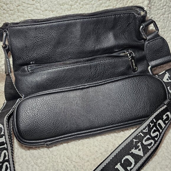 Gussaci Italy Black Pebbled Leather Crossbody – Logo Strap, Zip Pockets - Picture 4 of 9